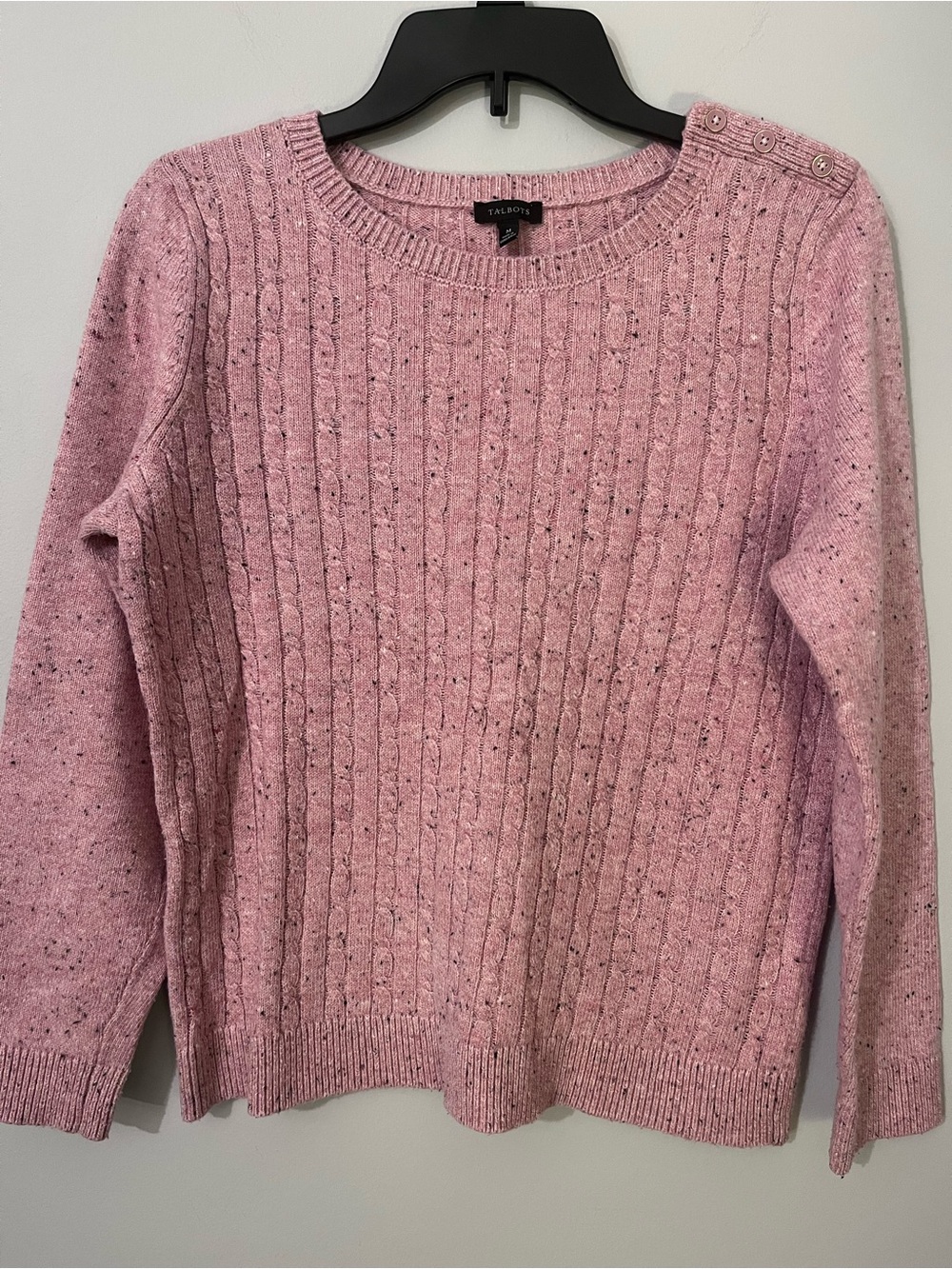 Talbots Light Heather Pink Cable-Knit Crewneck Sweater with Shoulder Buttons M